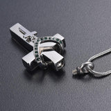 Cremation Necklace - Silver Cross & Rhinestone Rosary Cremation Urn Necklace