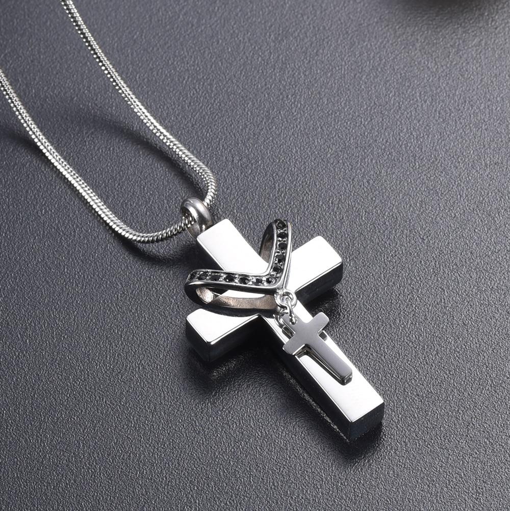 Cremation Necklace - Silver Cross & Rhinestone Rosary Cremation Urn Necklace