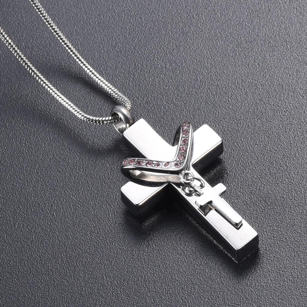 Cremation Necklace - Silver Cross & Rhinestone Rosary Cremation Urn Necklace