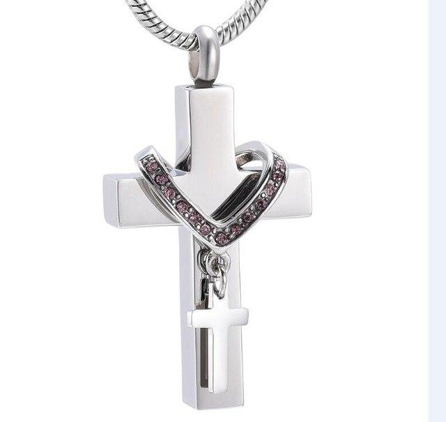 Cremation Necklace - Silver Cross & Rhinestone Rosary Cremation Urn Necklace