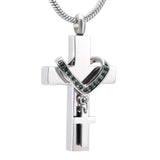 Cremation Necklace - Silver Cross & Rhinestone Rosary Cremation Urn Necklace