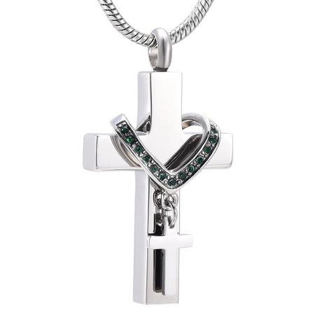Cremation Necklace - Silver Cross & Rhinestone Rosary Cremation Urn Necklace