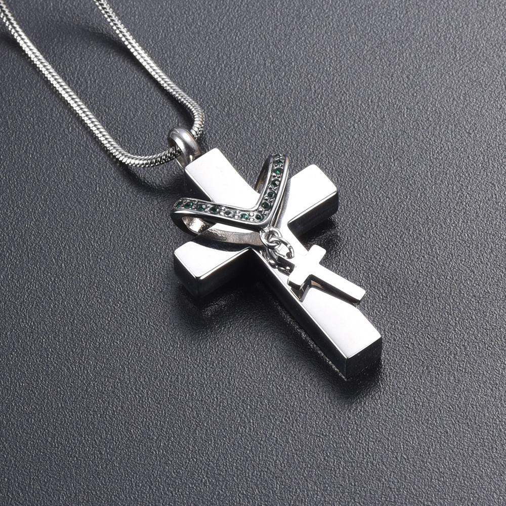 Cremation Necklace - Silver Cross & Rhinestone Rosary Cremation Urn Necklace