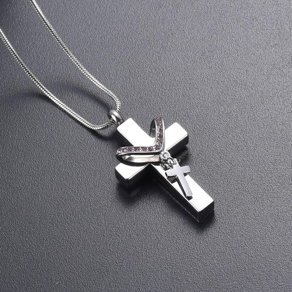 Cremation Necklace - Silver Cross & Rhinestone Rosary Cremation Urn Necklace