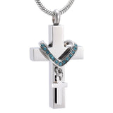 Cremation Necklace - Silver Cross & Rhinestone Rosary Cremation Urn Necklace