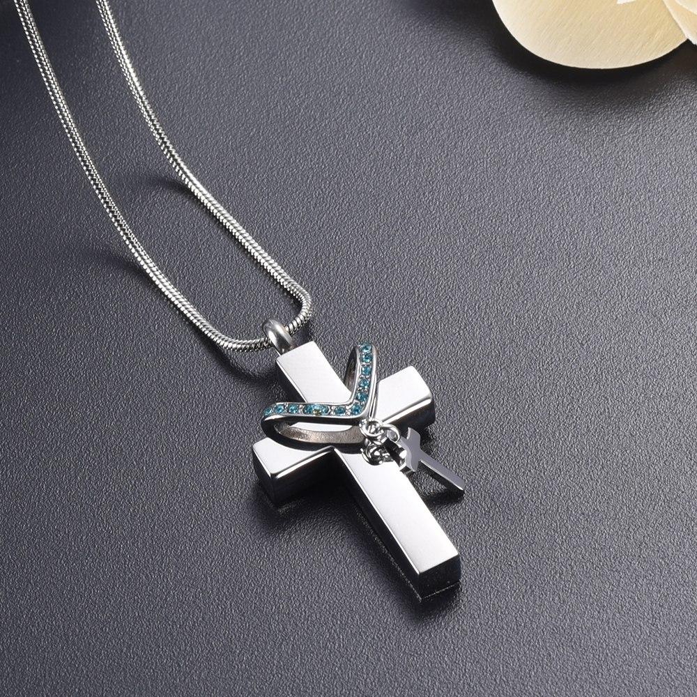 Cremation Necklace - Silver Cross & Rhinestone Rosary Cremation Urn Necklace