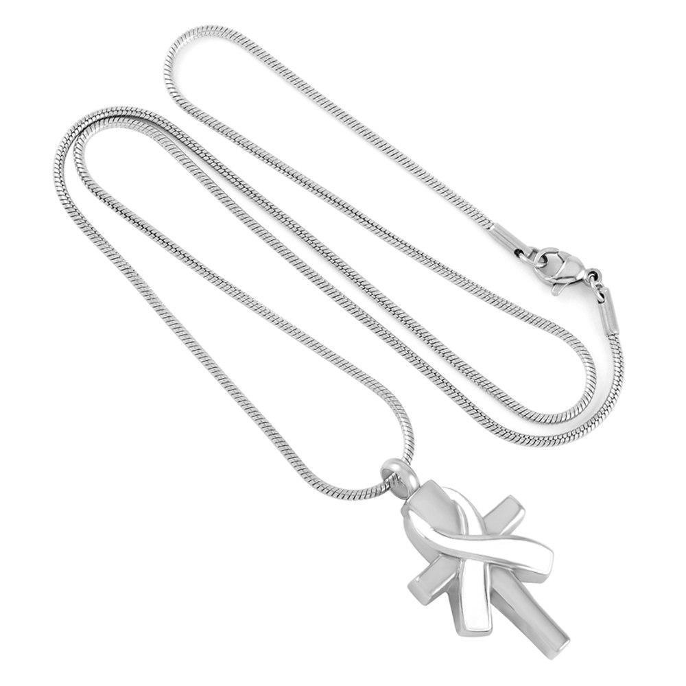 Cremation Necklace - Silver Cross & Ribbon Cremation Urn Necklace