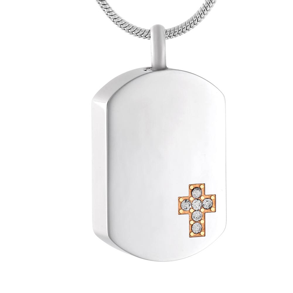 Silver Dog Tag With Classic Cross of Gold Rhinestones Cremation