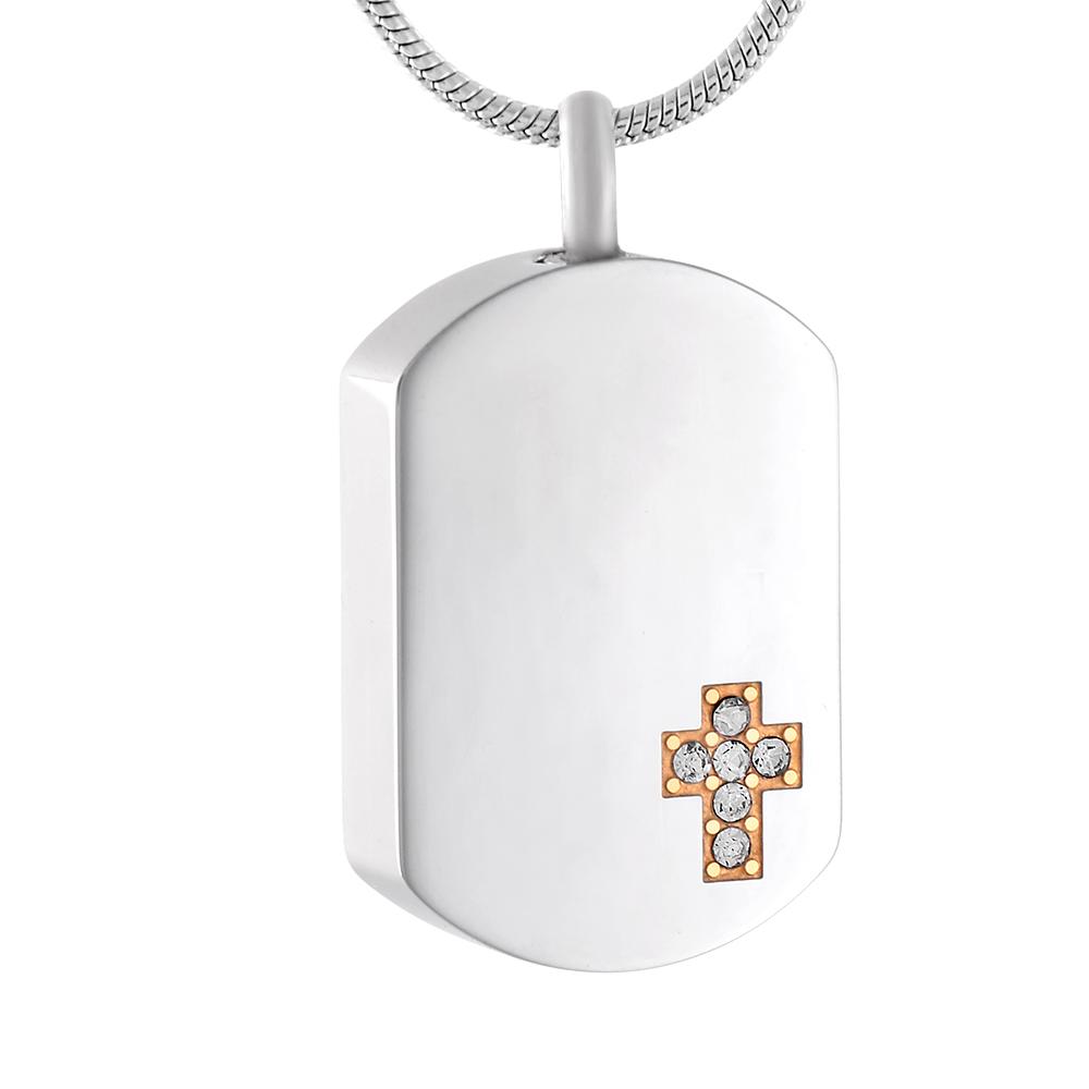 Cremation Necklace - Silver Dog Tag With Classic Cross Of Gold & Rhinestones Cremation Urn Necklace