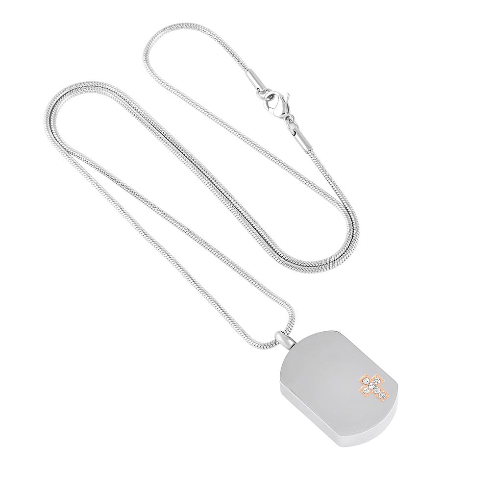 Silver Dog Tag With Classic Cross of Gold Rhinestones Cremation