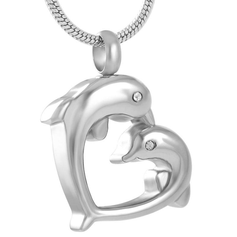 Cremation Necklace - Silver Dolphin Heart Shaped Cremation Urn Necklace With Rhinestones