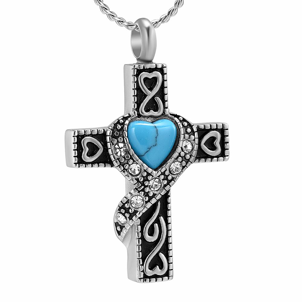 Cremation Necklace - Silver Heart Cross With Turquoise Heart Center Cremation Urn Necklace