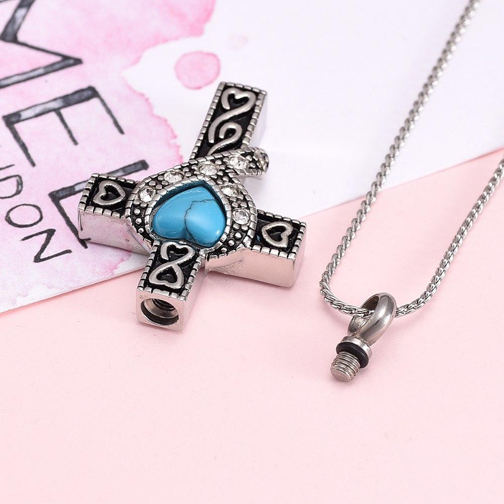 Cremation Necklace - Silver Heart Cross With Turquoise Heart Center Cremation Urn Necklace