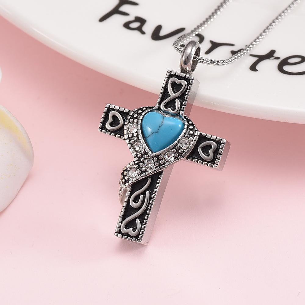 Cremation Necklace - Silver Heart Cross With Turquoise Heart Center Cremation Urn Necklace