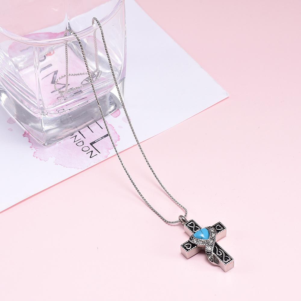 Cremation Necklace - Silver Heart Cross With Turquoise Heart Center Cremation Urn Necklace