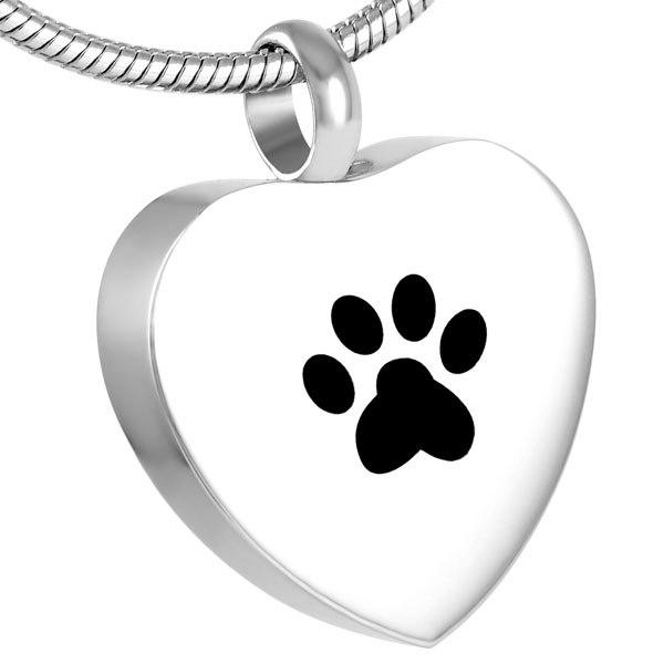 Cremation Necklace - Silver Heart Paw Print Cremation Urn Necklace