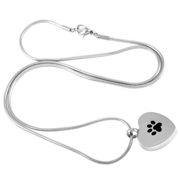Cremation Necklace - Silver Heart Paw Print Cremation Urn Necklace