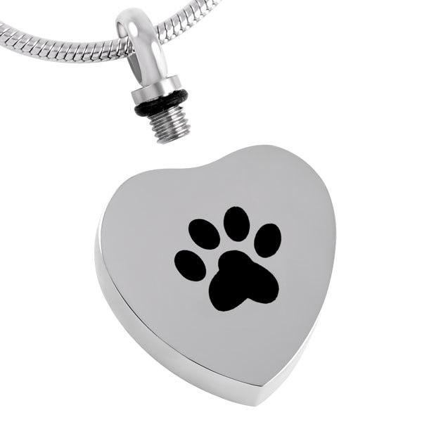 Cremation Necklace - Silver Heart Paw Print Cremation Urn Necklace