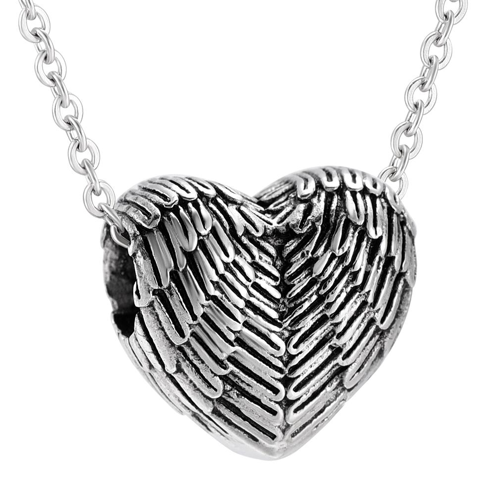 Cremation Necklace - Silver Heart Shaped Angel Wings Cremation Urn Necklace