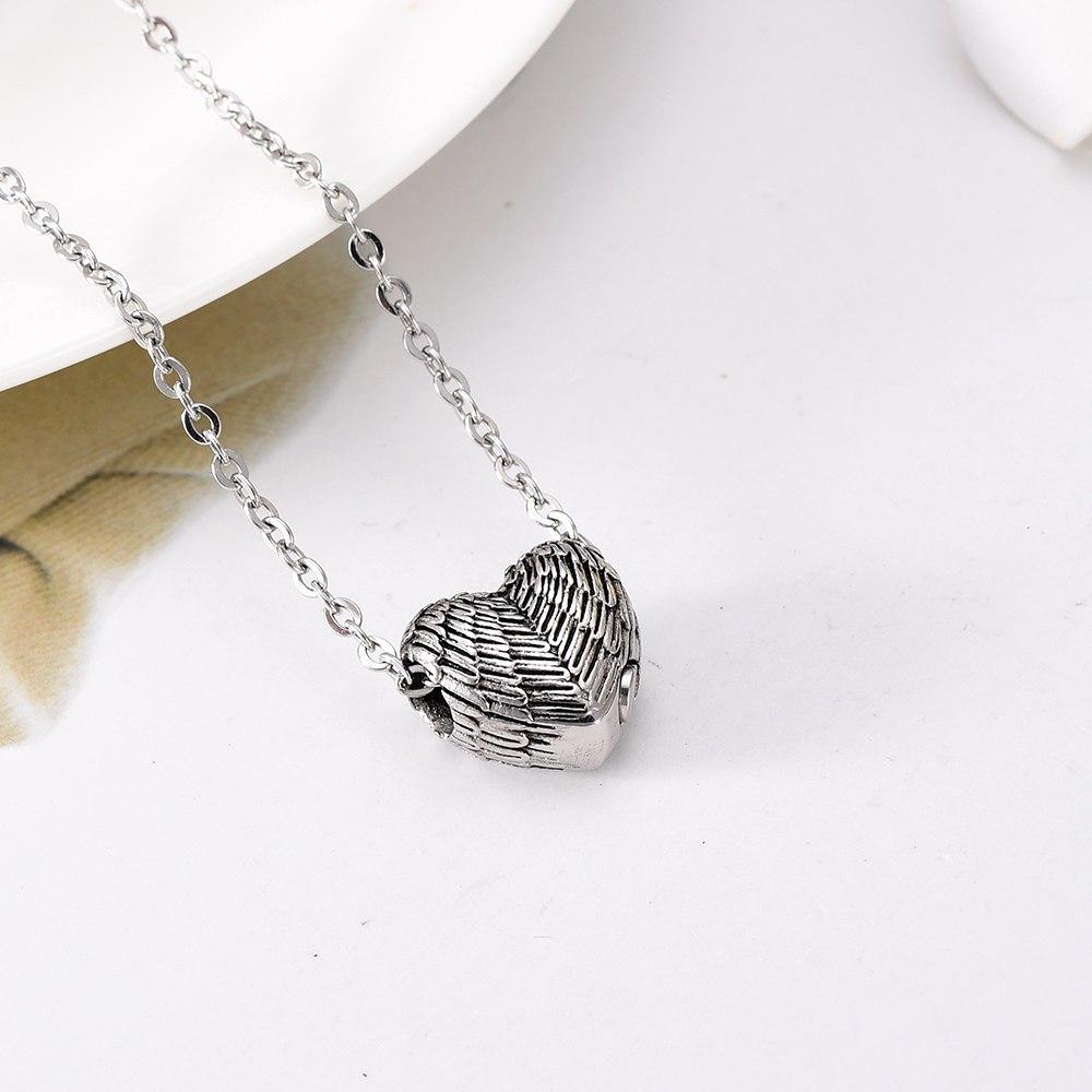 Cremation Necklace - Silver Heart Shaped Angel Wings Cremation Urn Necklace