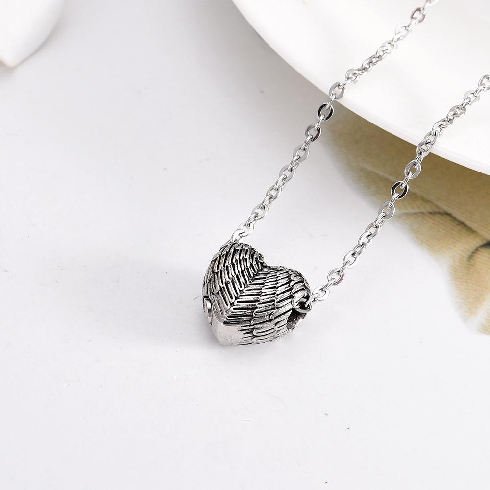 Cremation Necklace - Silver Heart Shaped Angel Wings Cremation Urn Necklace