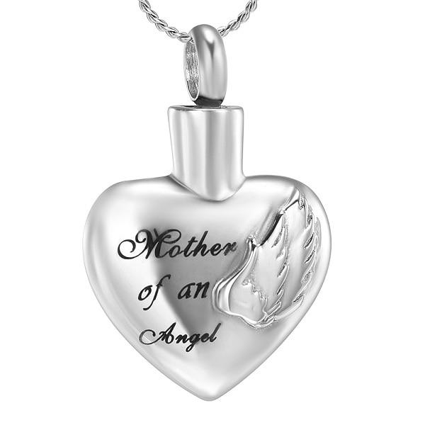 Cremation Necklace - Silver Heart Shaped Cremation Urn Necklace With Angel Wings Engraved "Mother Of An Angel"