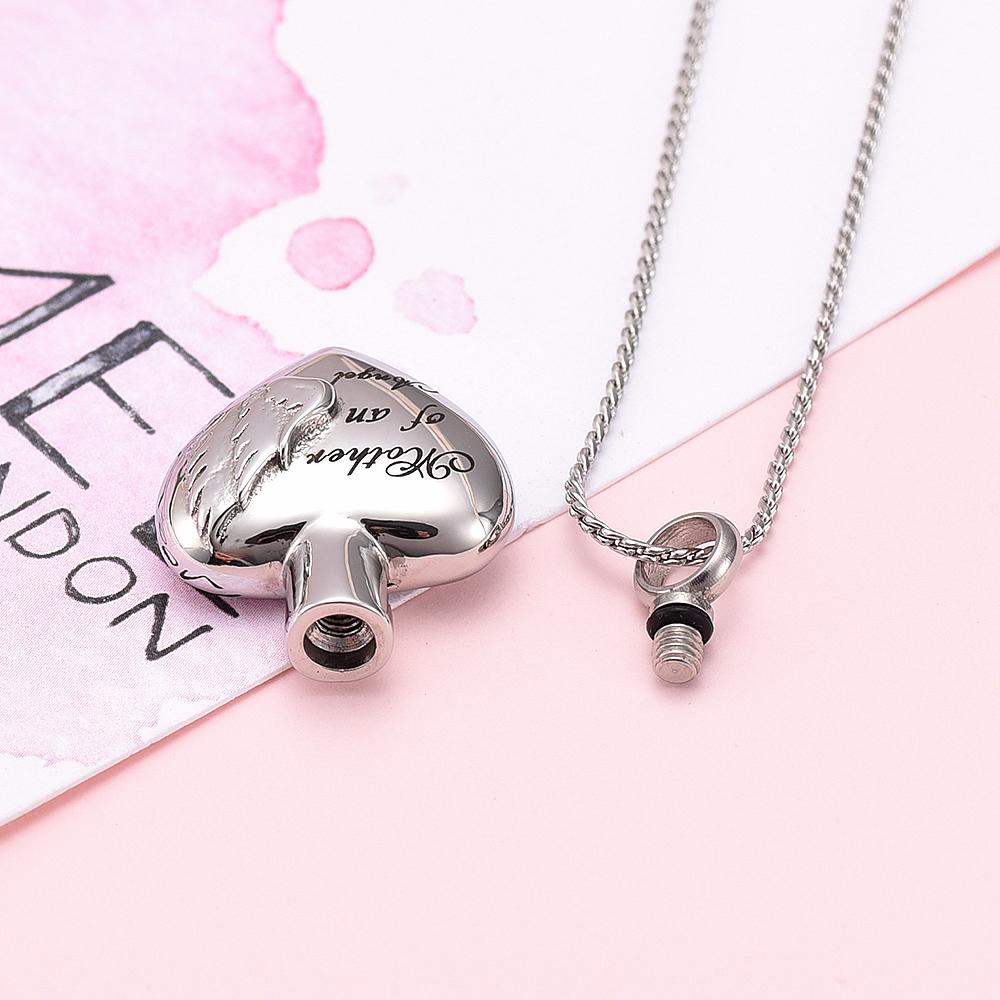 Cremation Necklace - Silver Heart Shaped Cremation Urn Necklace With Angel Wings Engraved "Mother Of An Angel"