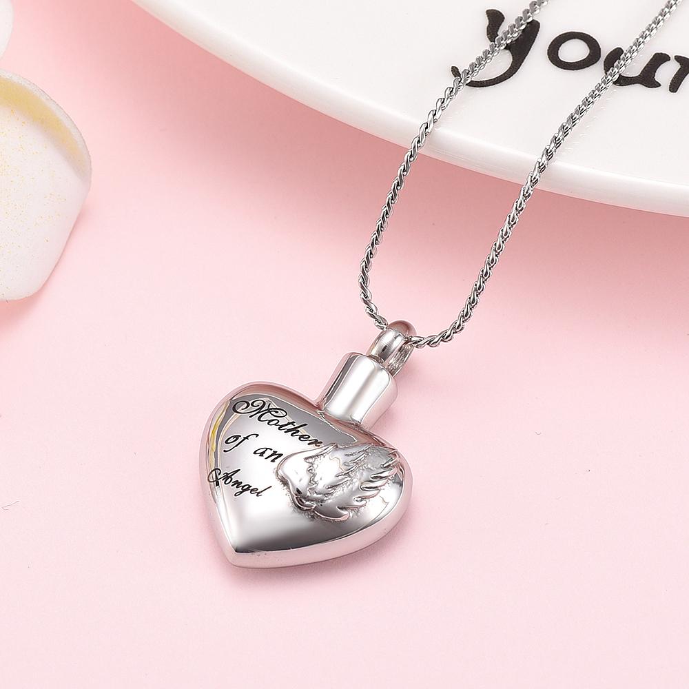 Cremation Necklace - Silver Heart Shaped Cremation Urn Necklace With Angel Wings Engraved "Mother Of An Angel"