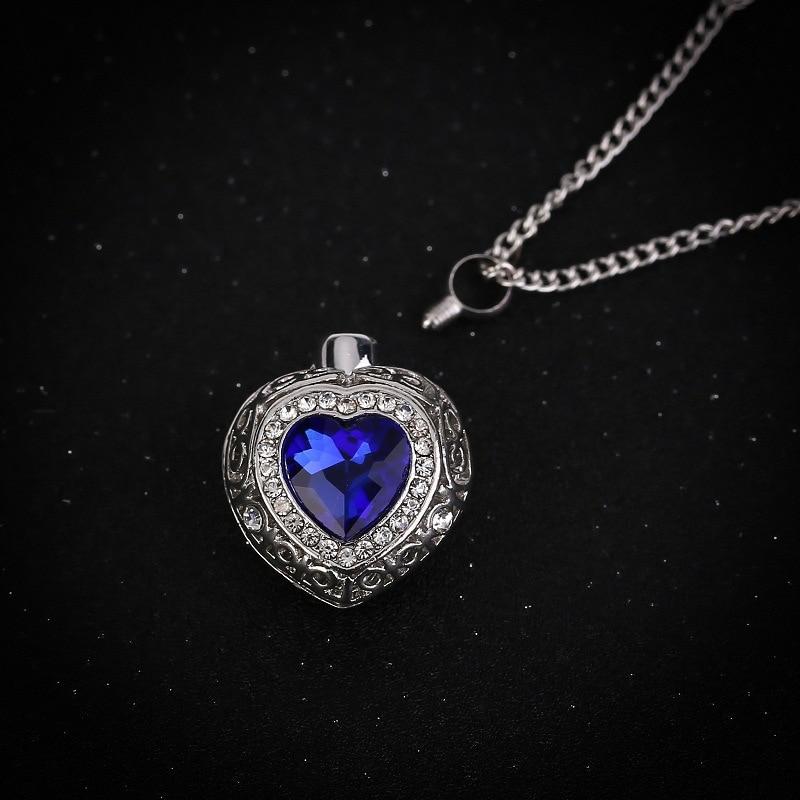 Cremation Necklace - Silver Heart Shaped Cremation Urn Necklace With Rhinestones And Blue Gem