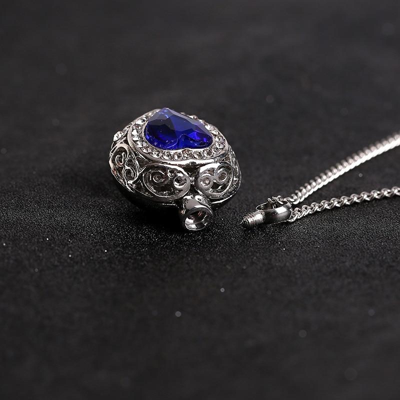 Cremation Necklace - Silver Heart Shaped Cremation Urn Necklace With Rhinestones And Blue Gem
