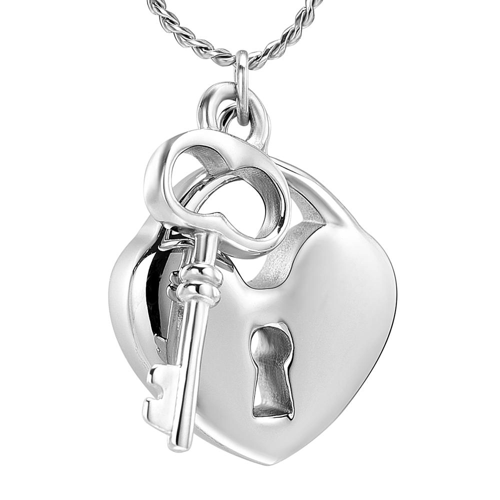 Cremation Necklace - Silver Heart Shaped Lock & Key Charm Cremation Urn Necklace