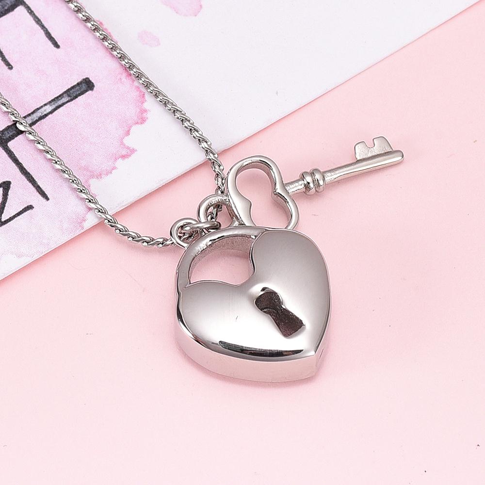 Cremation Necklace - Silver Heart Shaped Lock & Key Charm Cremation Urn Necklace