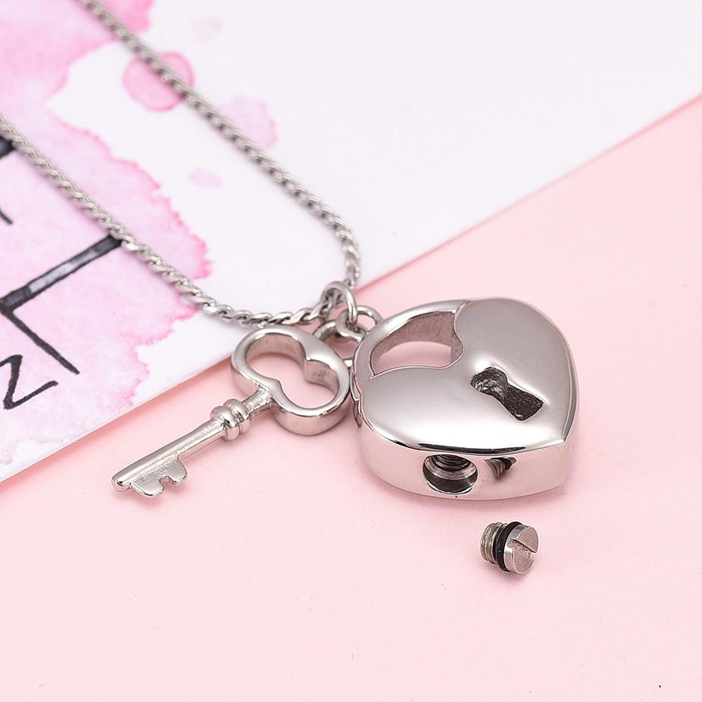 Cremation Necklace - Silver Heart Shaped Lock & Key Charm Cremation Urn Necklace