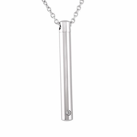 Cremation Necklace - Silver Minimalist Cremation Urn Necklace With Rhinestone Gem