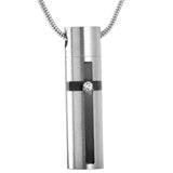 Cremation Necklace - Silver Modern Cross Cylinder Cremation Urn Necklace With Rhinestone