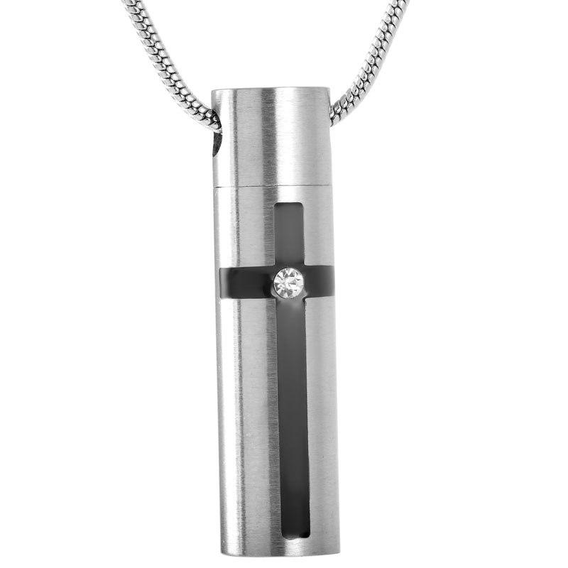 Cremation Necklace - Silver Modern Cross Cylinder Cremation Urn Necklace With Rhinestone