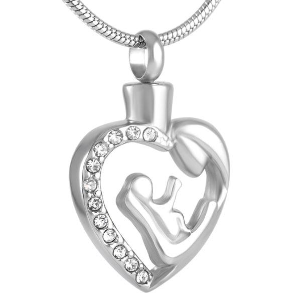 Cremation Necklace - Silver Mother And Child Cremation Urn Necklace With Rhinestone Heart
