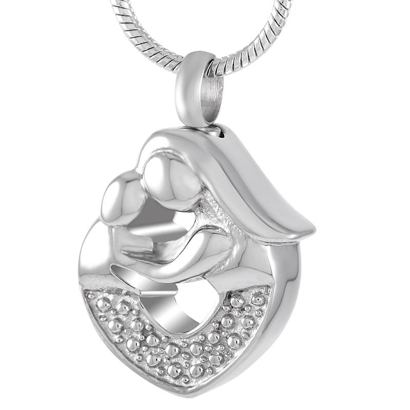 Cremation Necklace - Silver Mother & Child Heart Shaped Cremation Urn Necklace With Rhinestones