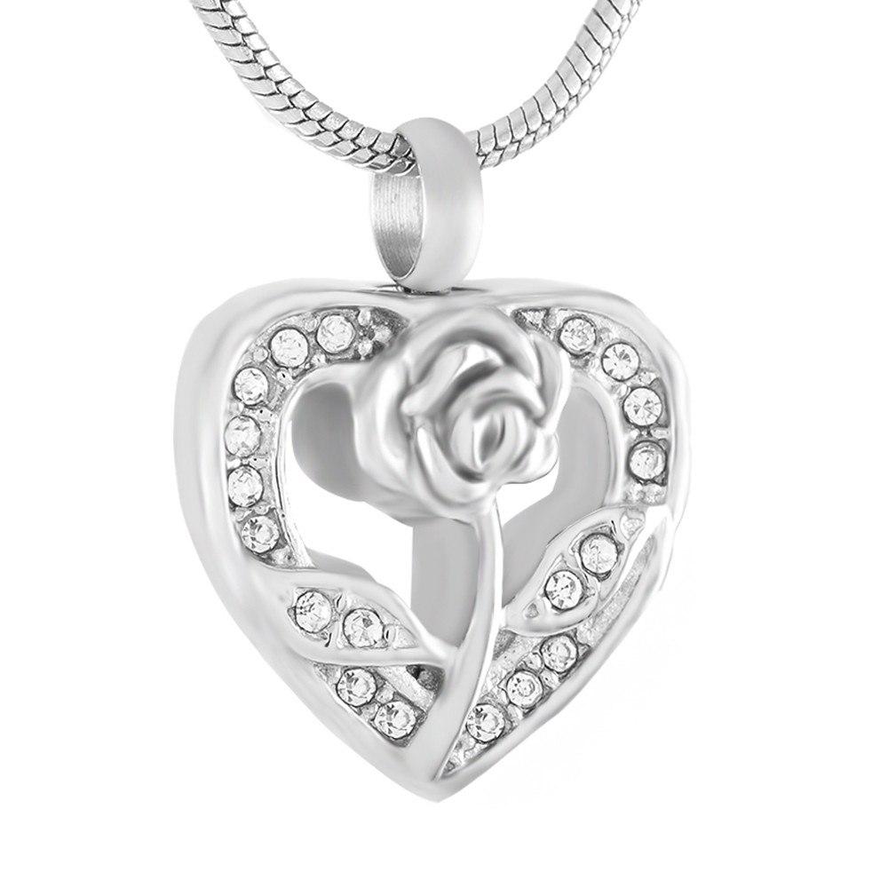 Cremation Necklace - Silver Rhinestone Heart & Rose Flower Cremation Urn Necklace