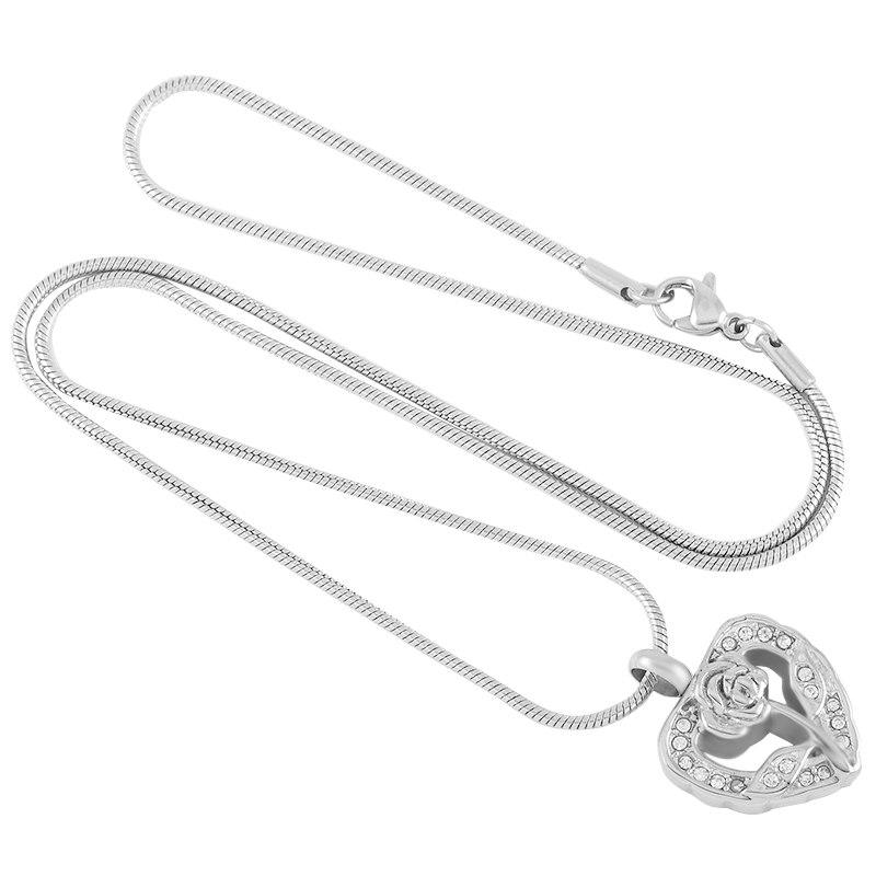 Cremation Necklace - Silver Rhinestone Heart & Rose Flower Cremation Urn Necklace