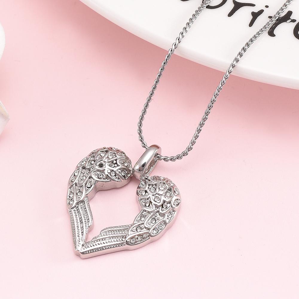 Cremation Necklace - Silver & Rhinestone Heart Shaped Angel Wings Cremation Urn Necklace