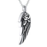 Cremation Necklace - Silver Rose & Angel Wing Cremation Urn Necklace