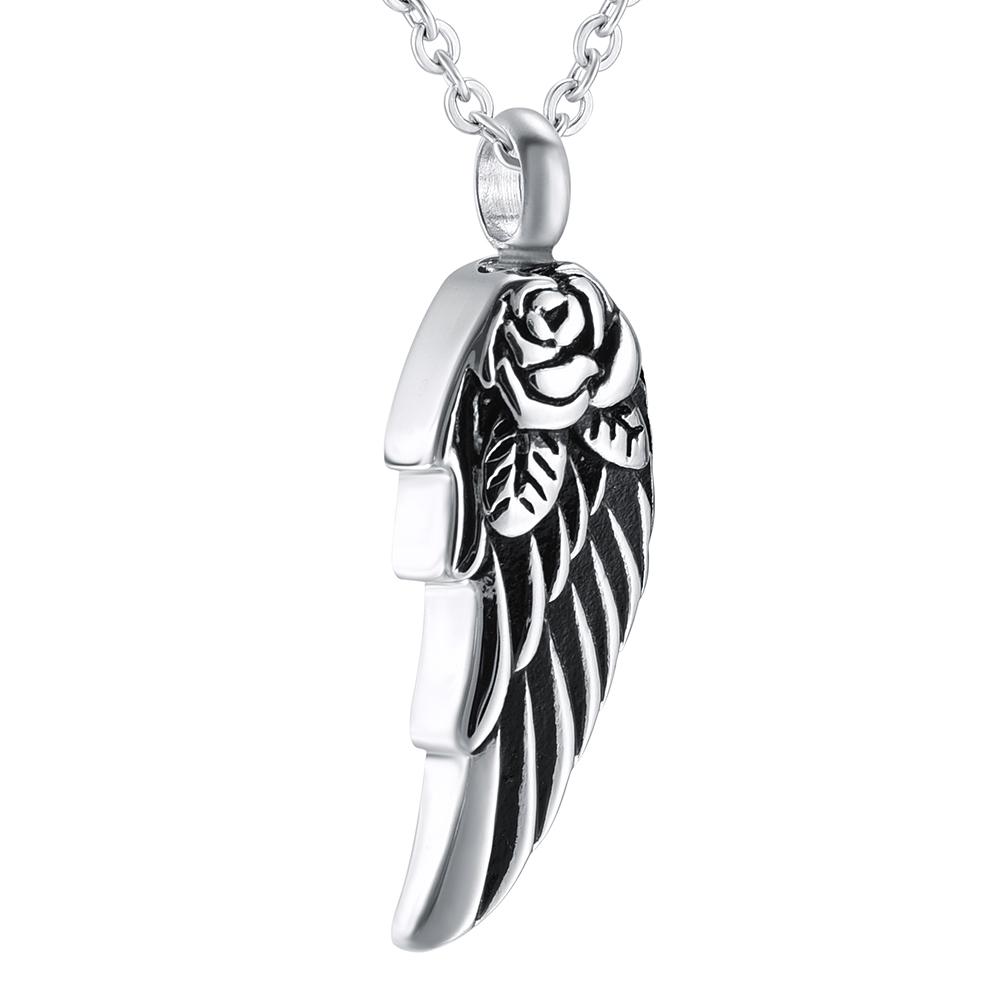 Cremation Necklace - Silver Rose & Angel Wing Cremation Urn Necklace