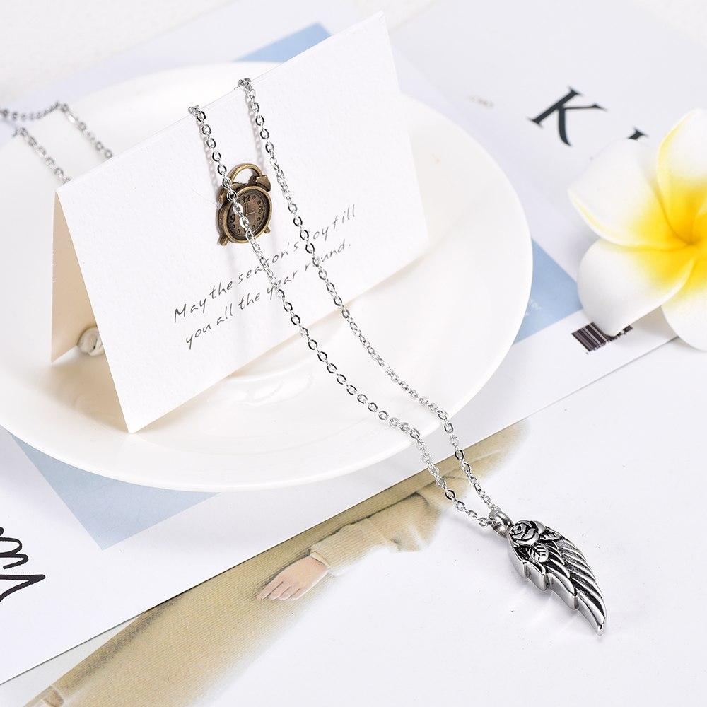 Cremation Necklace - Silver Rose & Angel Wing Cremation Urn Necklace