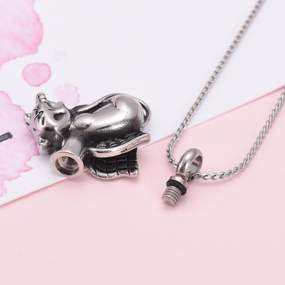 Cremation Necklace - Silver Sleeping Cat Angel Cremation Urn Necklace