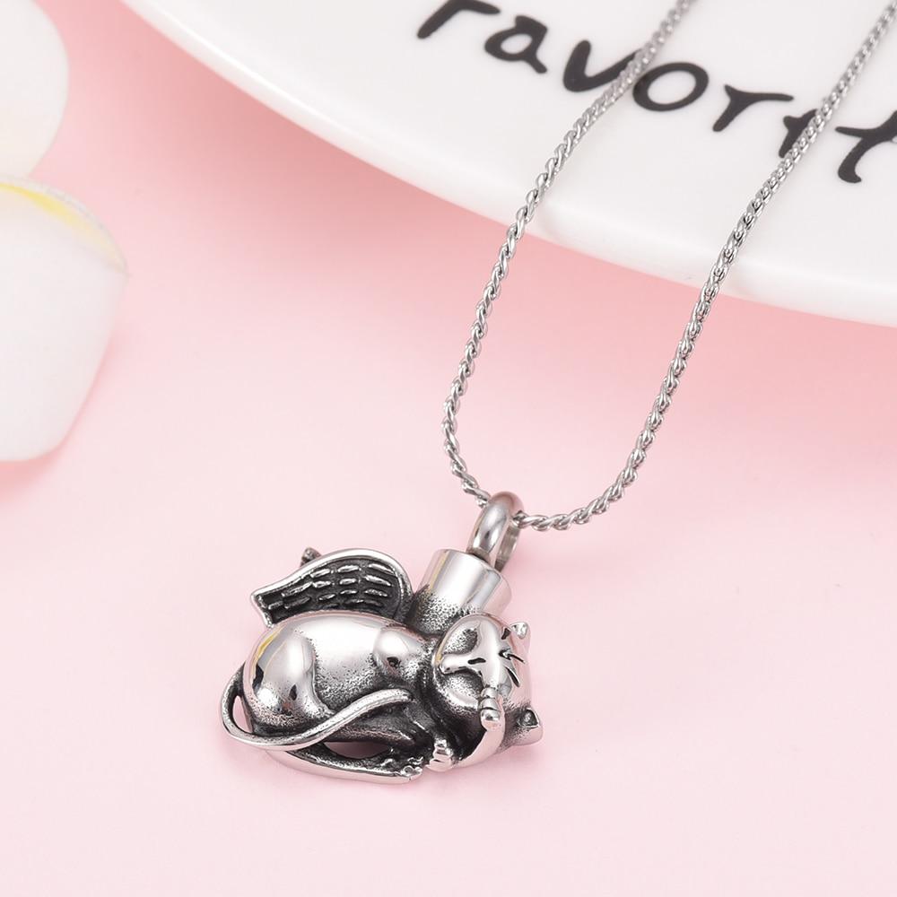 Cremation Necklace - Silver Sleeping Cat Angel Cremation Urn Necklace