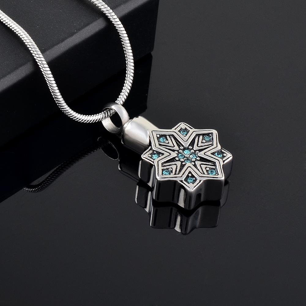 Cremation Necklace - Silver Snowflake Cremation Urn Necklace With Rhinestones