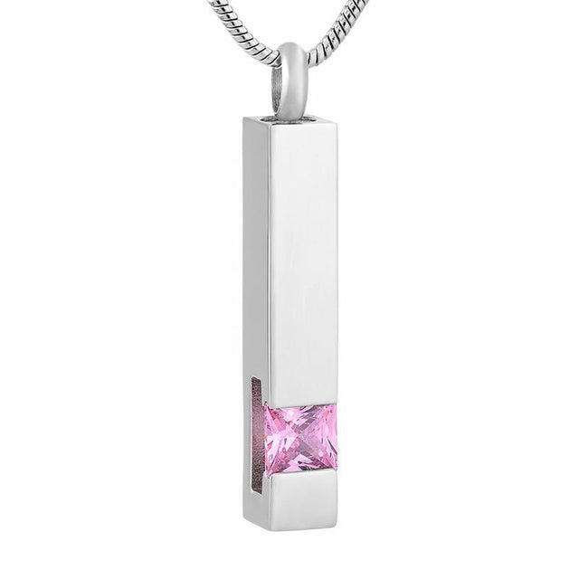 Cremation Necklace - Silver Square Column With Rhinestone Cremation Urn Necklace
