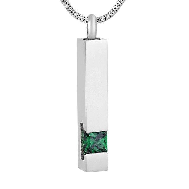 Cremation Necklace - Silver Square Column With Rhinestone Cremation Urn Necklace