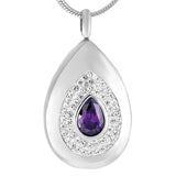 Cremation Necklace - Silver Teardrop Cremation Urn Necklace With Rhinestones & Purple Gemstone